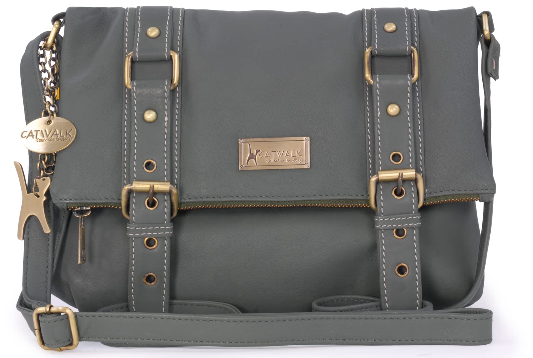 Catwalk Collection Handbags - Women's Leather Cross Body Bag - Medium Messenger Bag - Adjustable Shoulder Strap - Abbey Road - Dark Green