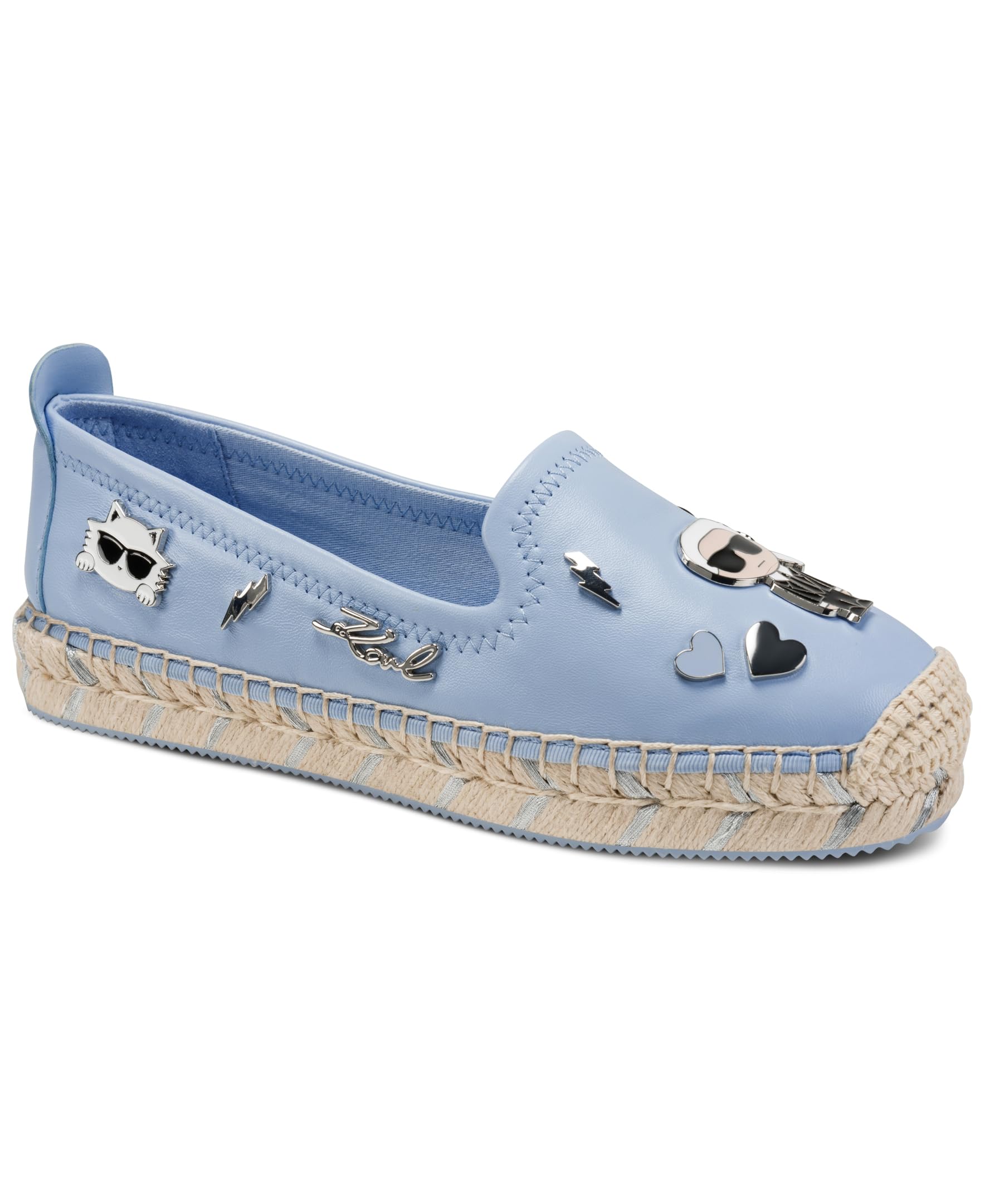 KARL LAGERFELD Women’s Michaela Slip on Espadrille Sandal with Pins, LIGHT BLUE, 8