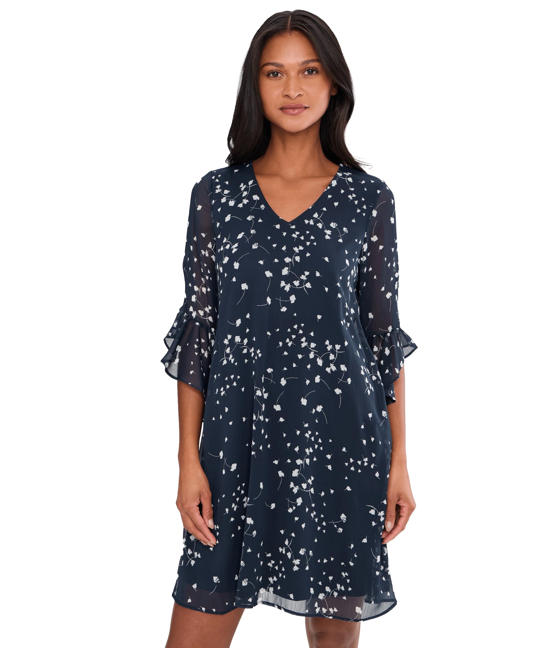 Calvin Klein Women’s 3/4 Sleeve Chiffon Shift Dress, Indigo Cream, 8