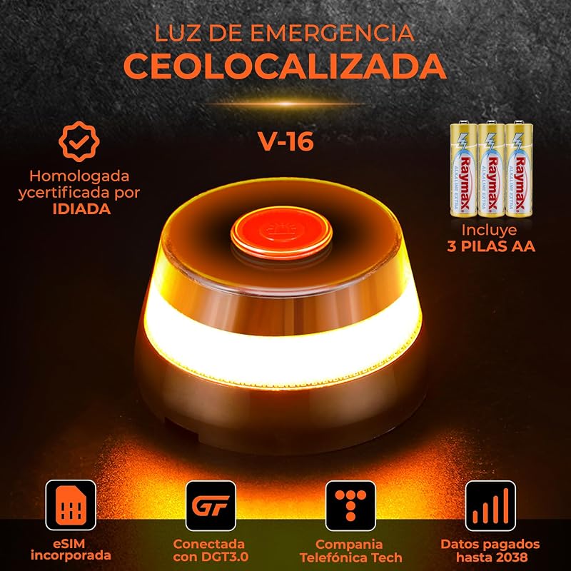 V16 Connectado Luz Emergencia Coche Homologado DGT,con SIM Telefónica y Datos,Baliza V16 Homologada DGT con Geolocalizador 3.0 + Funda Accesorios Coche,V16 con Geolocalización — foto 4 de 8