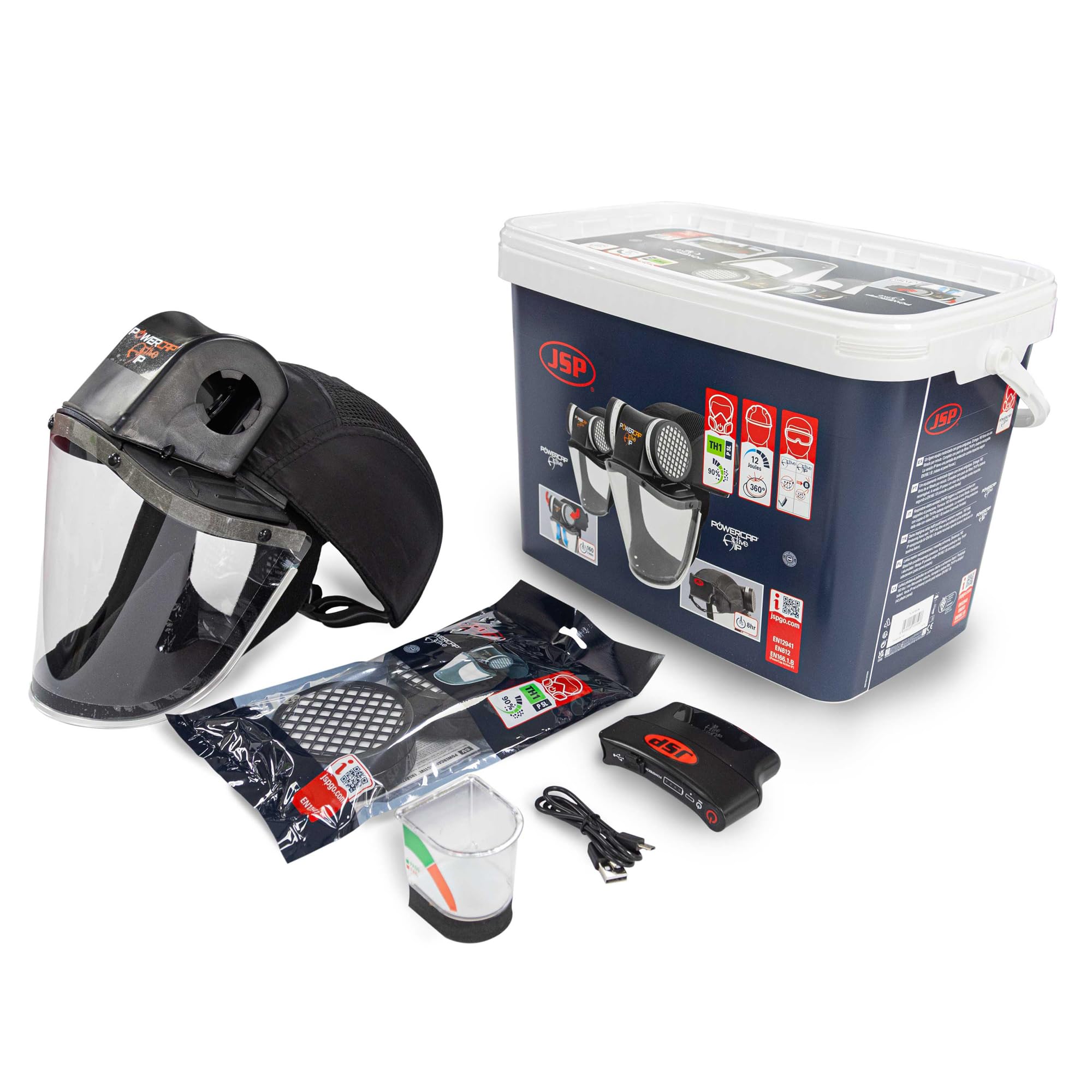 JSP POWERCAP ACTIVE IP Powered Air Respirator PAPR - Filters & Impact Visor - 8hr Battery & USB Charging - Bump Cap - Dust, Airborne Particles - Woodworking, Agriculture, DIY - EN12941 & EN812 & EN166