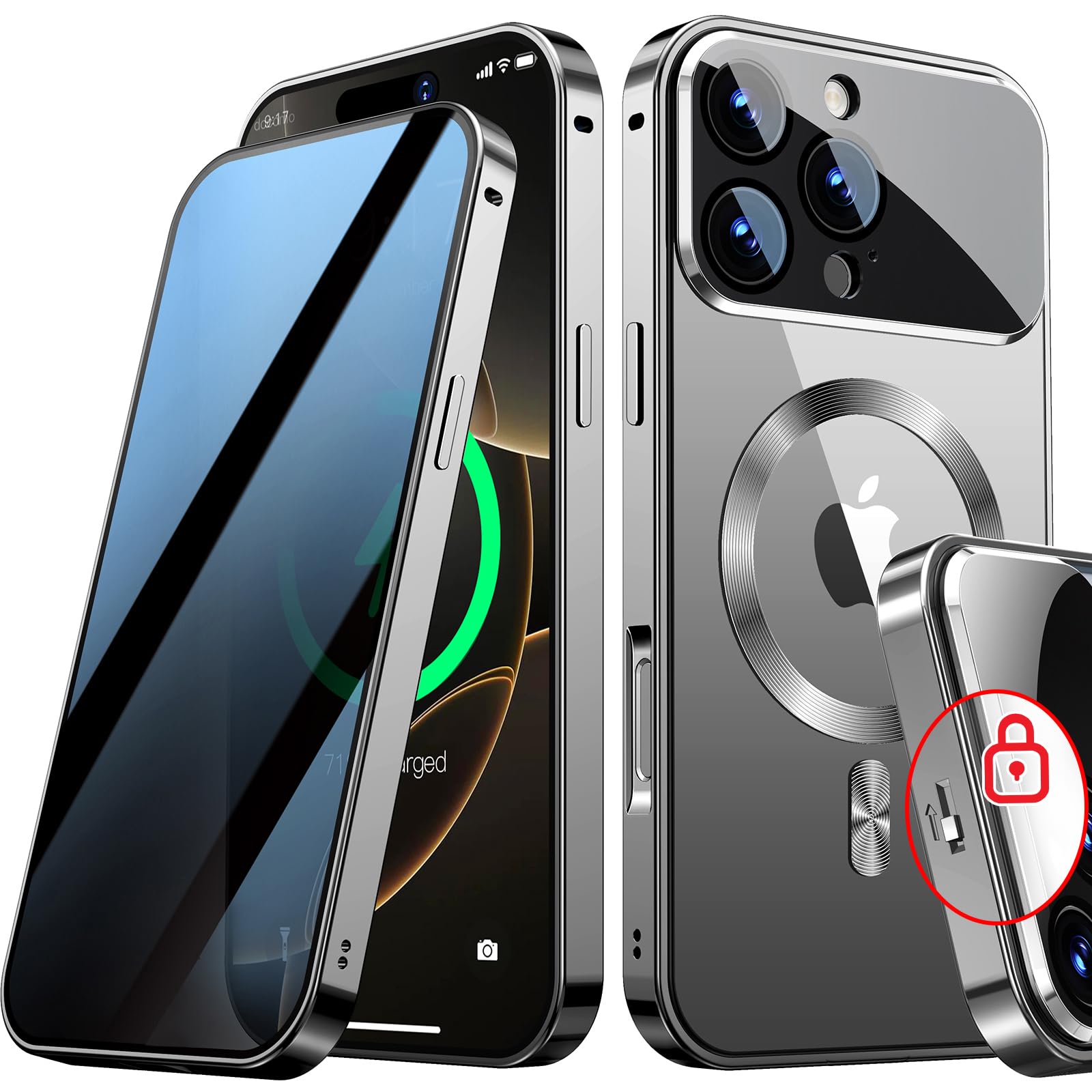 Photo 1 of [Full Camera Protection& Mechanical Lock]Magnetic Privacy Case for iPhone 16 Pro Max[Compatible with MagSafe] [CD Metal Ring]Full Body Shockproof Metal Bumper, 9H Anti Peeping Glass Cover-Grey