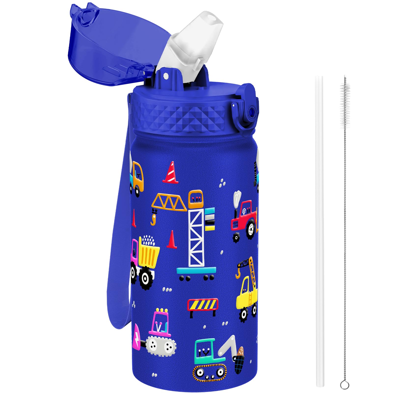 GOPPUS 420ml/14oz Kids Insulated Water Bottle with Straw Cute Double Wall Stainless Steel Child's Small Flask Vacuum Insulated Steel Metal Leak Proof Drink Flask Boys Toddler Girls Bottles BPA-Free