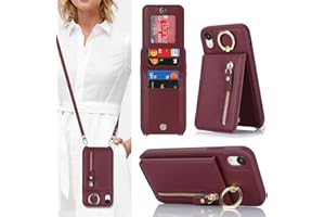 DEYHU for iPhone XR Phone Case with Card Holder for Women, for iPhone XR Case Wallet with Strap Credit Card Slots Crossbody with Kickstand Zipper Case for iPhoneXR - Red Wine