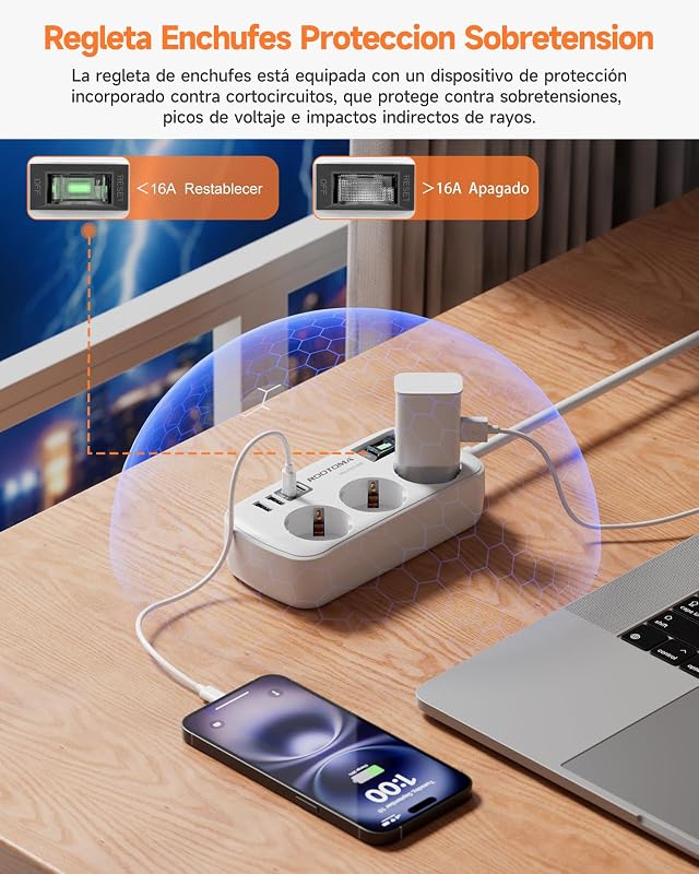 Regletas Enchufes con USB, Protección Sobretensión, 3 Tomas con Interruptor — foto 3 de 7