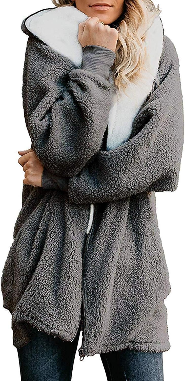 Yanekop Women Oversized Sherpa Hoodie Fuzzy Fleece Jacket Zip Up Outerwear Coat with Pockets at  Women's Coats Shop