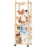 PHOKID 56In Animal Storage Zoo Tower with Wheels, Large Wooden Stuffed Animal Organizer with Elastic Band & Mesh Bottom, Toy Storage for Plushies in Playroom, Bedroom, Nursery