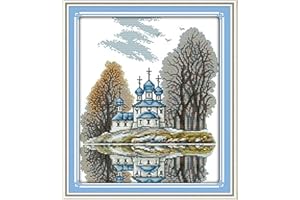 Maydear Cross Stitch Kits Stamped Full Range of Embroidery Starter Kits for Beginners DIY 11CT 3 Strands - Blue Castle 16×19(inch)
