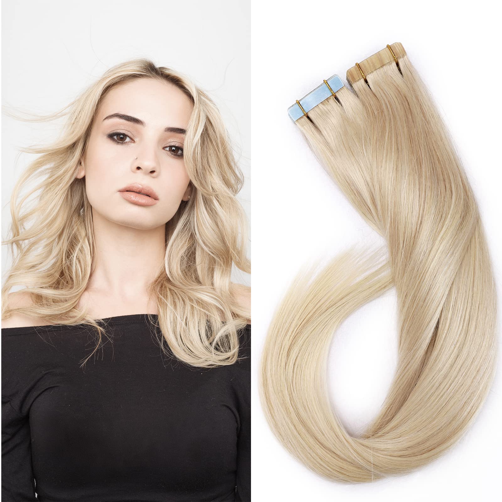 Tape in Hair Extensions Human Hair 40pcs #70 Bleach White 100% Remy Real Hair Extension (22inch-100g)