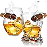 Bezrat Whiskey Cigar Glasses - Set of 2 - Old Fashioned Whiskey Tumbler With Side Mounted Holder Cigar Rest - Father's Day Gift - Dad, Husband, Grandpa, Brother