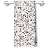 XUNLURY Coquette Pink Bow Wildflower Kitchen Towels, Rustic Botanical Floral Hand Towels for Bathroom Decor, Cottagecore Flower Bow Decorative Dish Tea Towels for Kitchen, 16x24 Inch