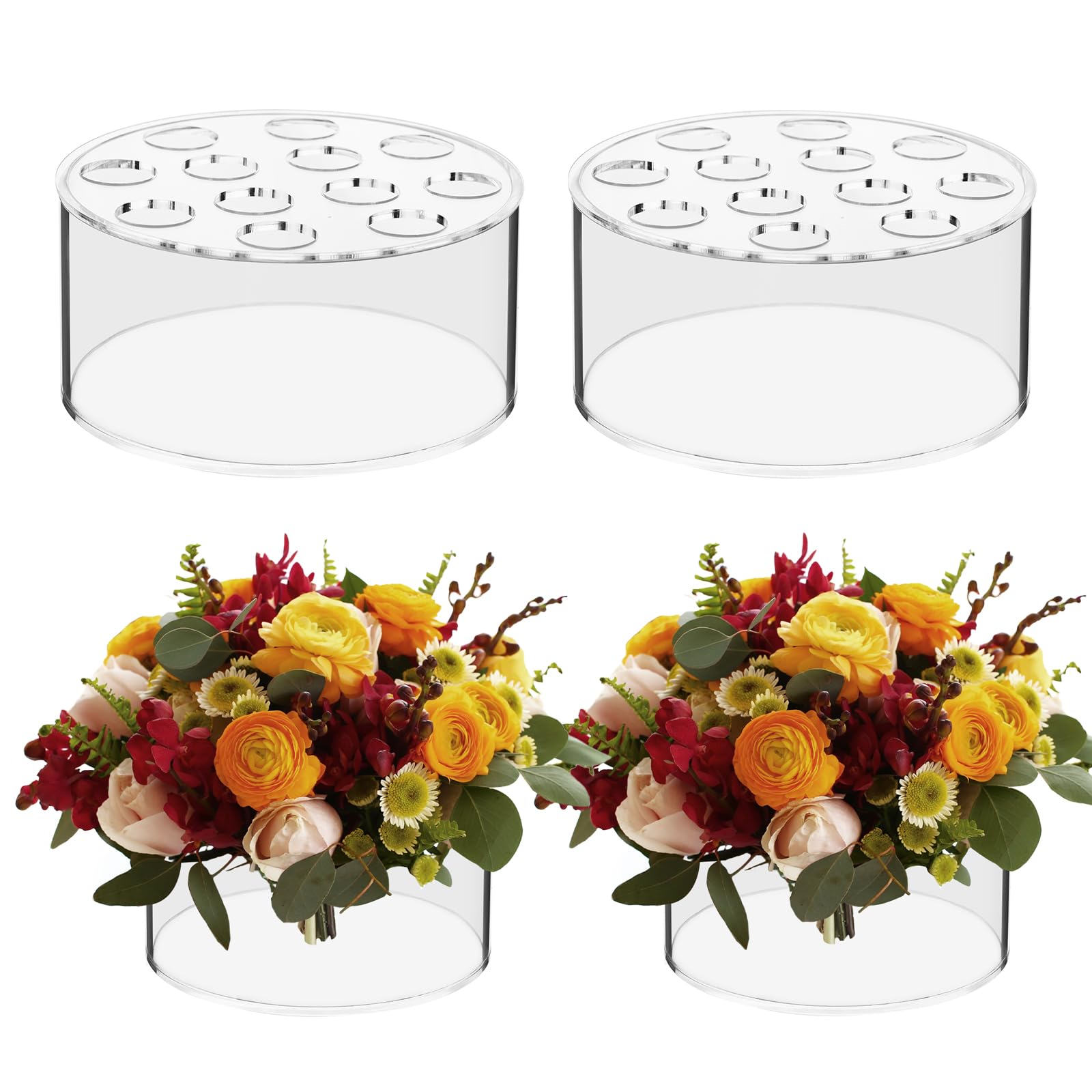 Photo 1 of ToBeAce 4 Pcs Acrylic Flower Vase, Round Clear Acrylic Vases Floral Centerpiece for Dining Tables Wedding Centerpiece Table Decorations Low Flower Vases with 12 Holes for Party Wedding Birthday Decor