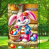 BlissYard Easter Garden Flag 12x18 inch Double Sided Cute Bunny Garden Flags Eggs Yard Flag Easter Decoration for Outside Decor Yard Porch Outdoor Banner Summer Spring Decorations