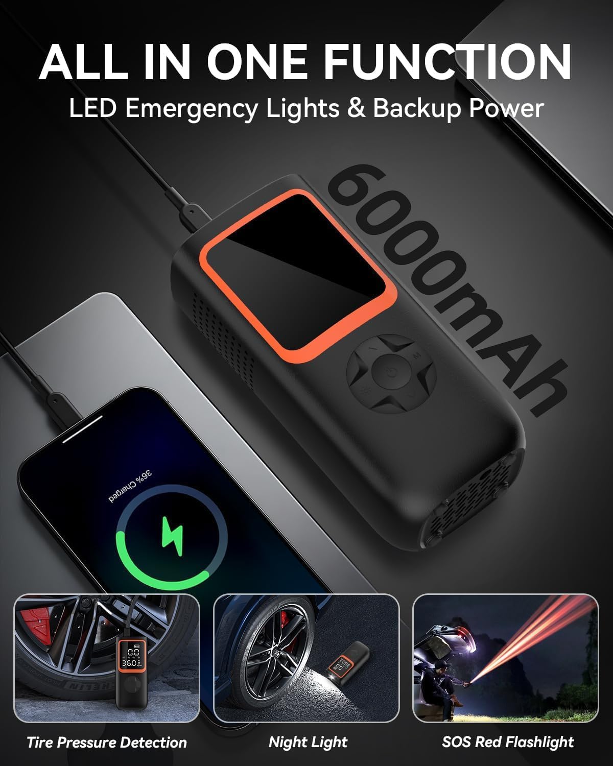 Elektrische Luftpumpe - 6000mAh & 150PSI Fahrradpumpe für Autoreifen mit Manometer & LED-Licht, 2X schnellere Aufblasung Mini Kompressor für Auto Fahrräder, Motorra 6