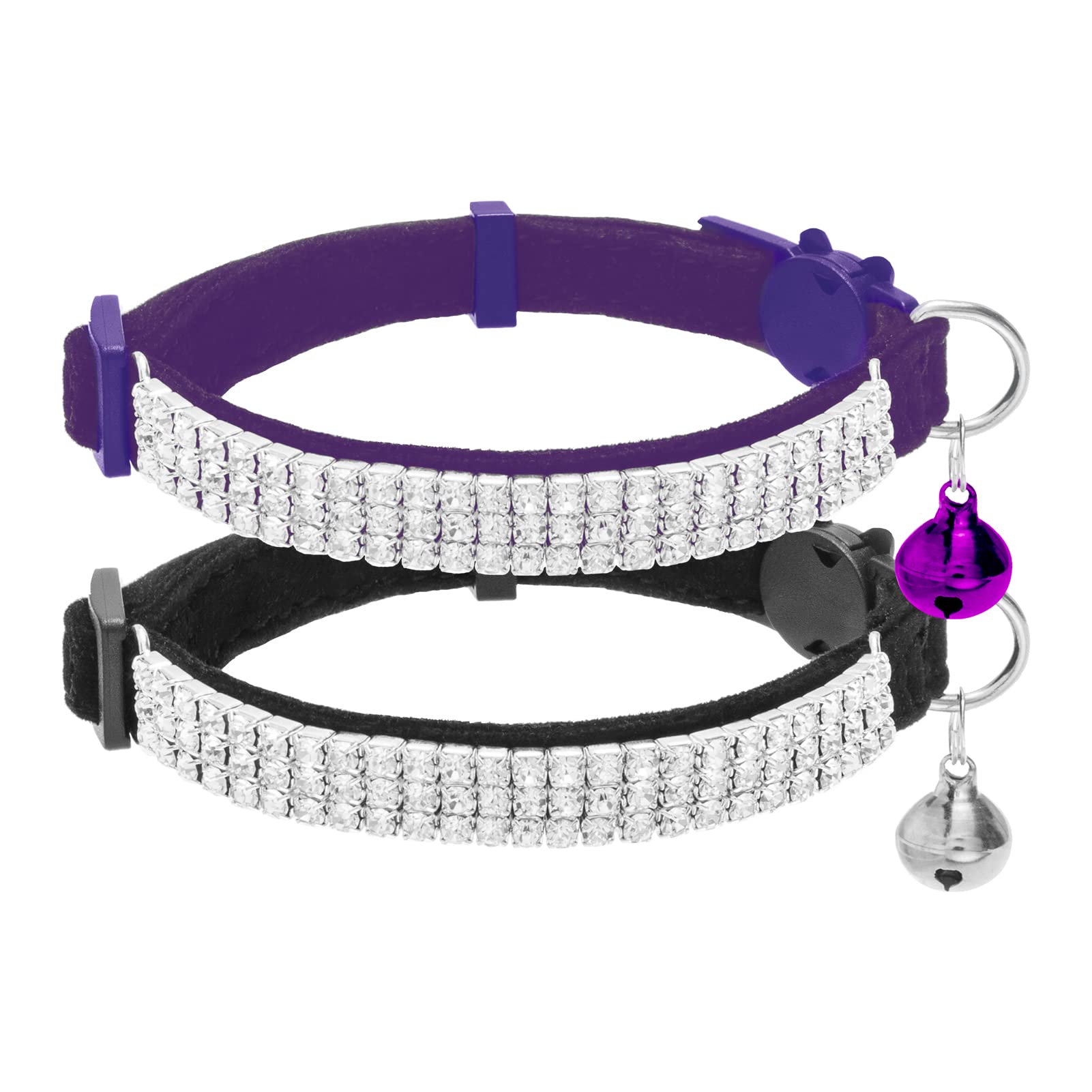 EXPAWLORER Velvet Cat Collar with Bell Quick Release - Sparkling Rhinestones Cute Cat Collars Breakaway Safety Buckle, Adjustable Soft Dazzling Pet Collar for Cats and Puppies, Black & Purple