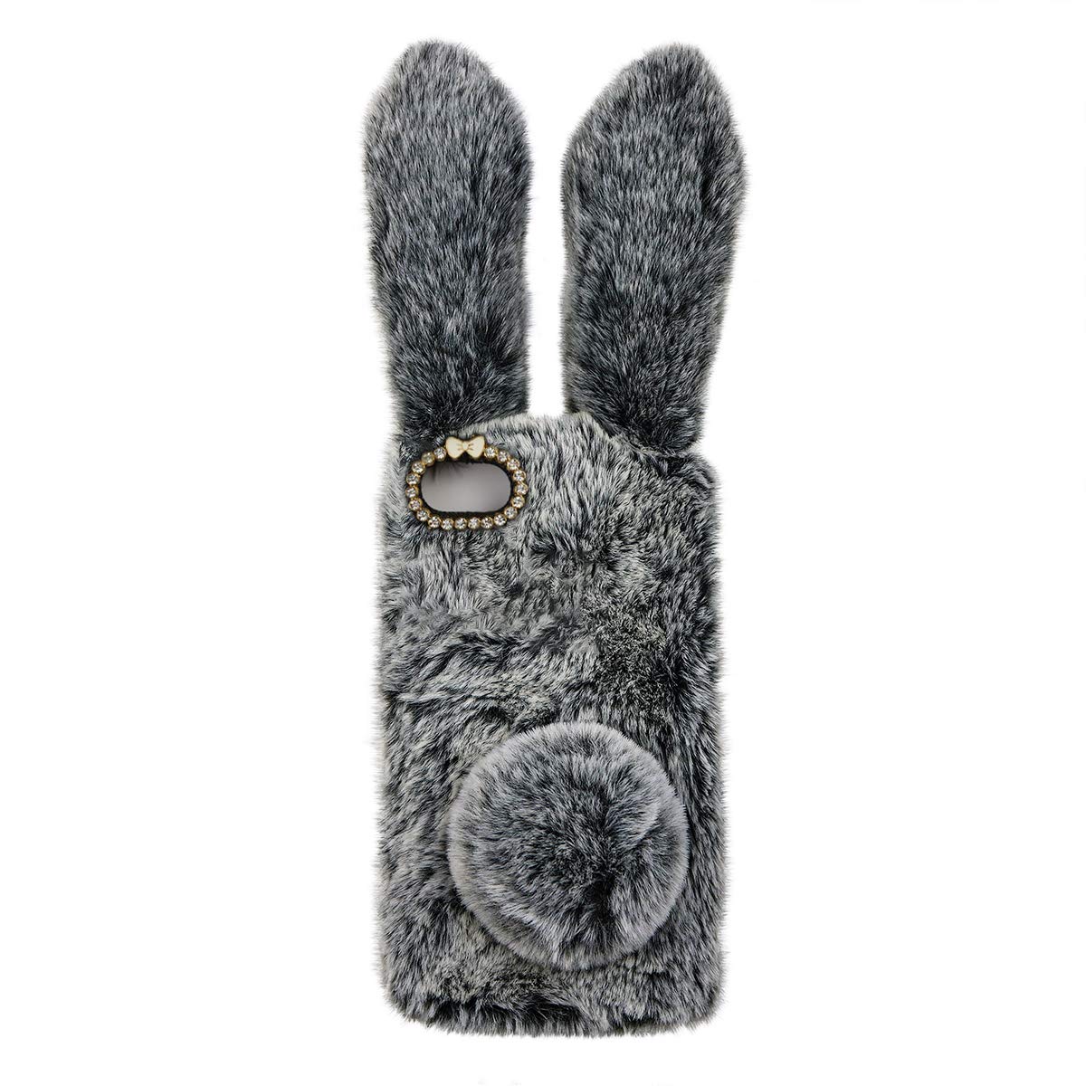Mikikit Dark Grey Plush Bunny Furry Phone Case for SE 2020/7/8, Cute Stuffed Animal Plush Fluffy Case for girl, Soft cozy faux protective Cover for 7/8/