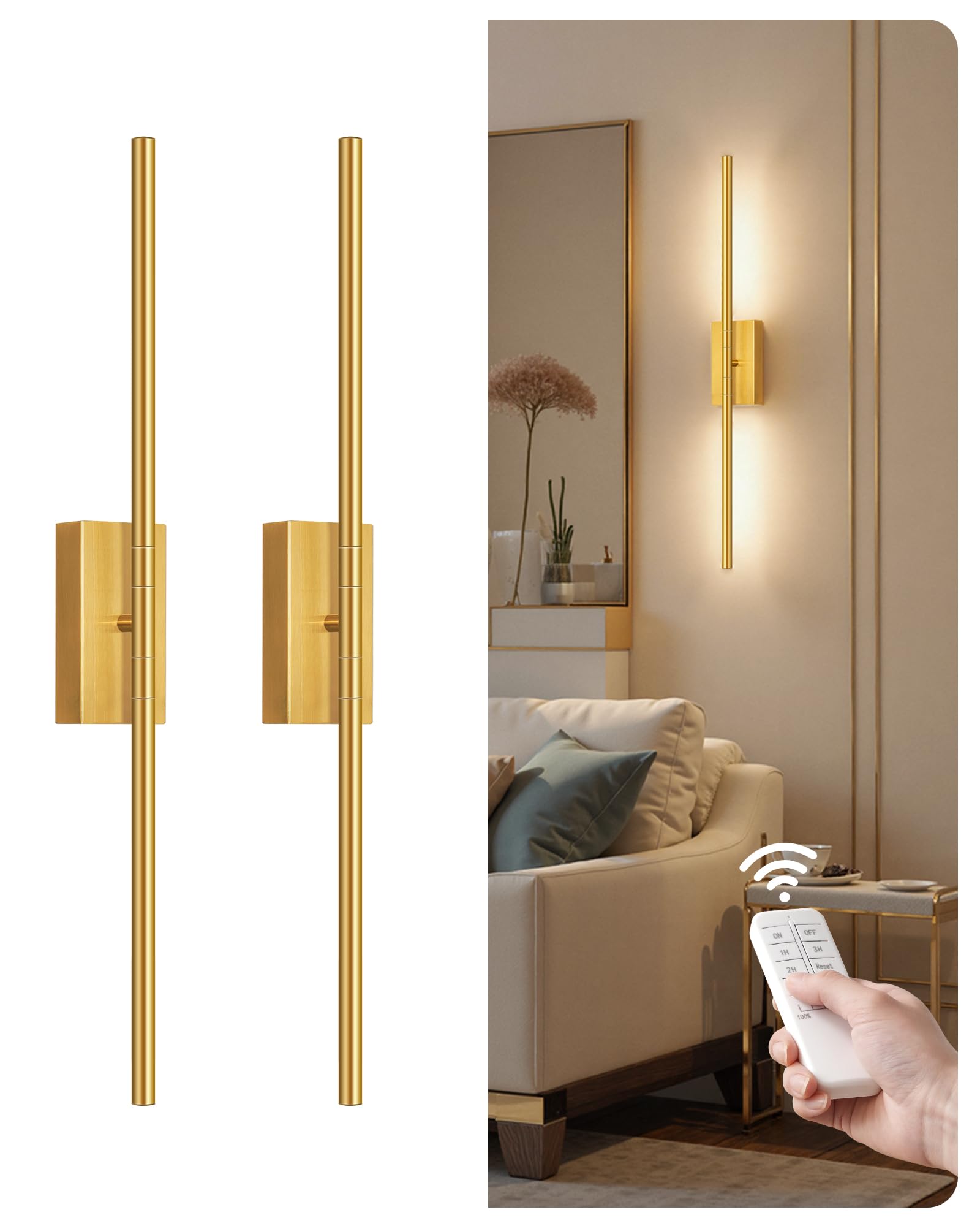 Photo 1 of **ONE LIGHT DONT WORK***GOEBLESON 27.6" Wireless Battery Operated Wall Sconces Set of 2, Modern Rechargeable Lamp with Remote, 360° Rotation, 10000mAh, Touch Dimmable Lights for Bedroom, Living Room, Hallway, Gold D06YBP205