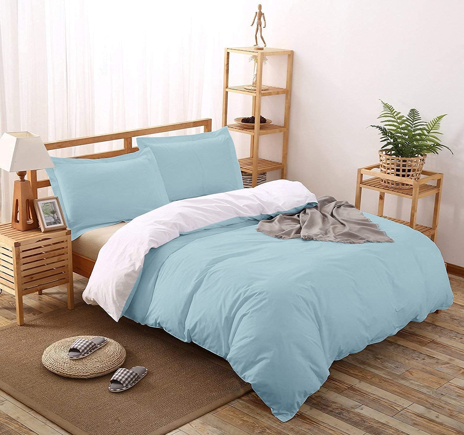 Comfort Beddings Luxurious Reversible King Duvet Cover Set 600TC 100% Egyptian Cotton King Quilt Cover with 2 Reversible Oxford Pillowcases (White & Sky Blue)