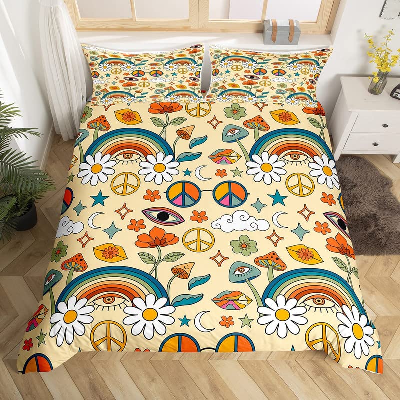 feelingyou Retro 70s Hippie Style Duvet Cover King for Children,Psychedelic Mushroom Bedding Set Room Decor Gift Comforter Cover,Rainbow Floral Stars Moon Quilt Cover with 2 Pillowcases, 3pcs Soft