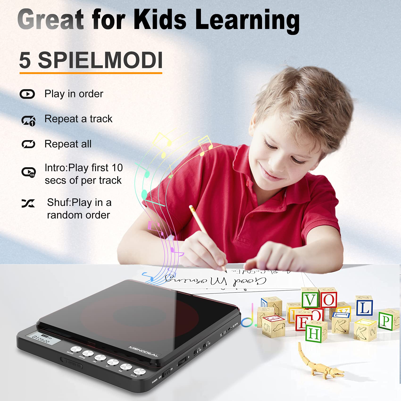 MONODEAL Portable CD Player With Built-in Speakers, Rechargeable for Car and Personal Use, Small Anti-Skip With Dual Headphone Jacks (Black)