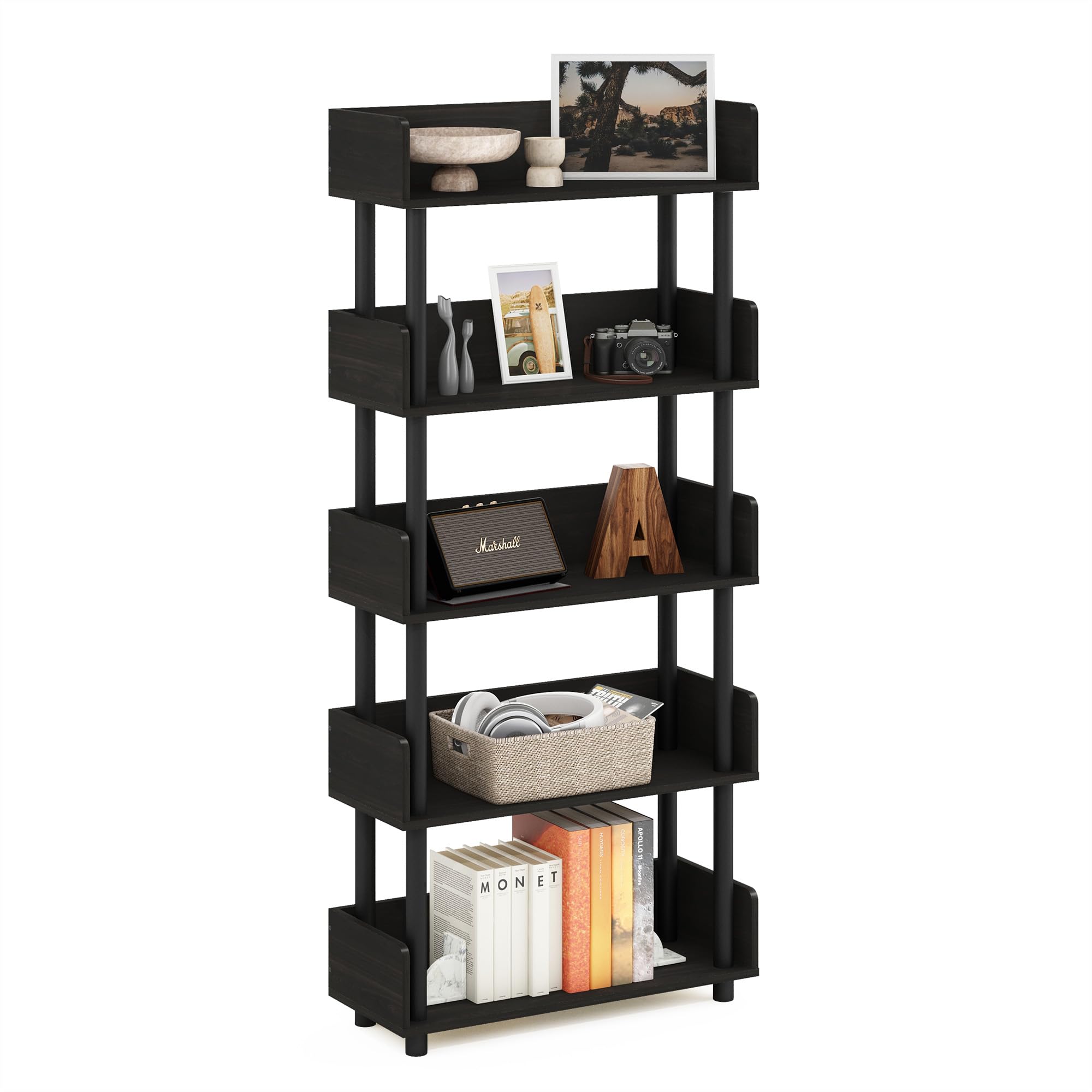 Furinno TURN-N-TUBE 5-Tier Display Shelf, Storage Shelves, Book Shelf, Open Shelves with Rounded Corner Top Edges, for Organization and Storage, Living Room, Home Office, Espresso Image