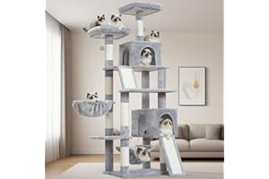 Gitelsnour Cat Tree for Indoor Cats, 71'' (180cm) Multi-Level Cat Tower for Large Adult, Sturdy Cat Tree House with 2 Scratching Boards 7 Posts, 2 Plush Perches/Condos, Hammock, Light Gray GCT032W