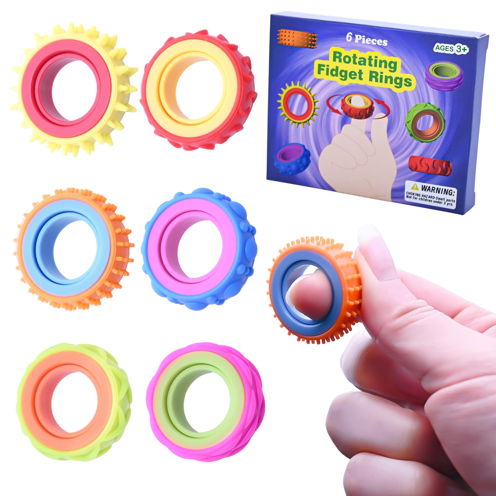 6 Pcs Fidget Sensory Rings, Colorful Quiet Fidget Toys, Stress Relief Textured Spinner Rings, ADHD Autism Anxiety Relief Fidget Ring Portable, for Kids Adults Classroom Office Travel