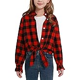 Girls Long Sleeve Flannel Plaid Shirt Casual Button Down Shirts Tie Front Collared Blouse Tops (5-12 Years)