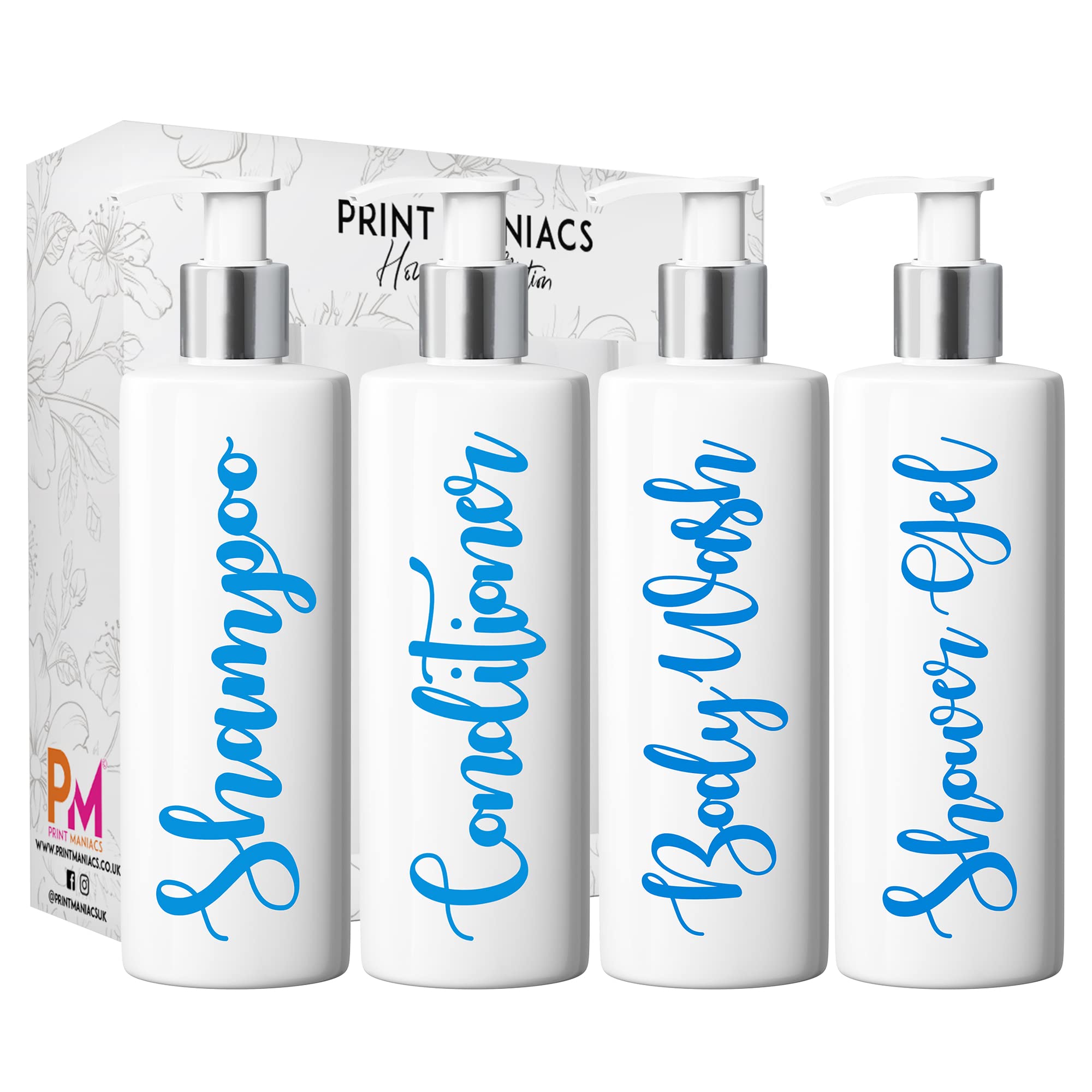 Print Maniacs White Mrs Hinch Inspired Personalised 500ml Pump Bottles Bathroom Lotion Kitchen Set Shampoo Conditioner (Shower Gel Set) (Blue)