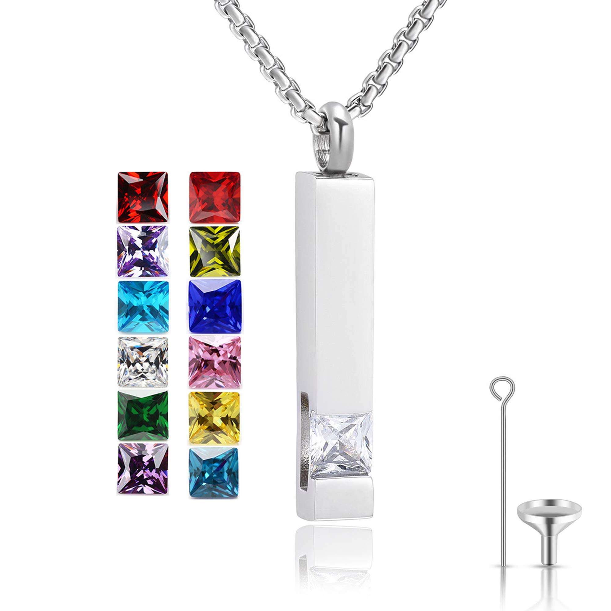 Urn Necklace for Ashes Birthstone Cuboid Cremation Jewelry Keepsake Holder Memorial Locket Necklace Pendant