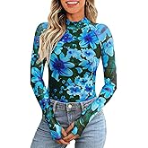 Women's Floral Mesh Long Sleeve Tops - Sheer Lace Mockneck Layering Shirt, Fashion Autumn Leopard Outfits for Valentine