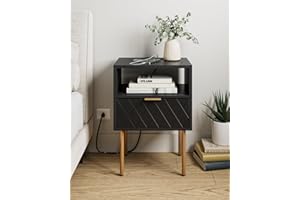Aobafuir Nightstand with Charging Station, Drawer Dresser for Bedroom, Small Side Table with Drawer, Night Stand, End Table with Gold Frame for Bedroom, Living Room, Diamond Black