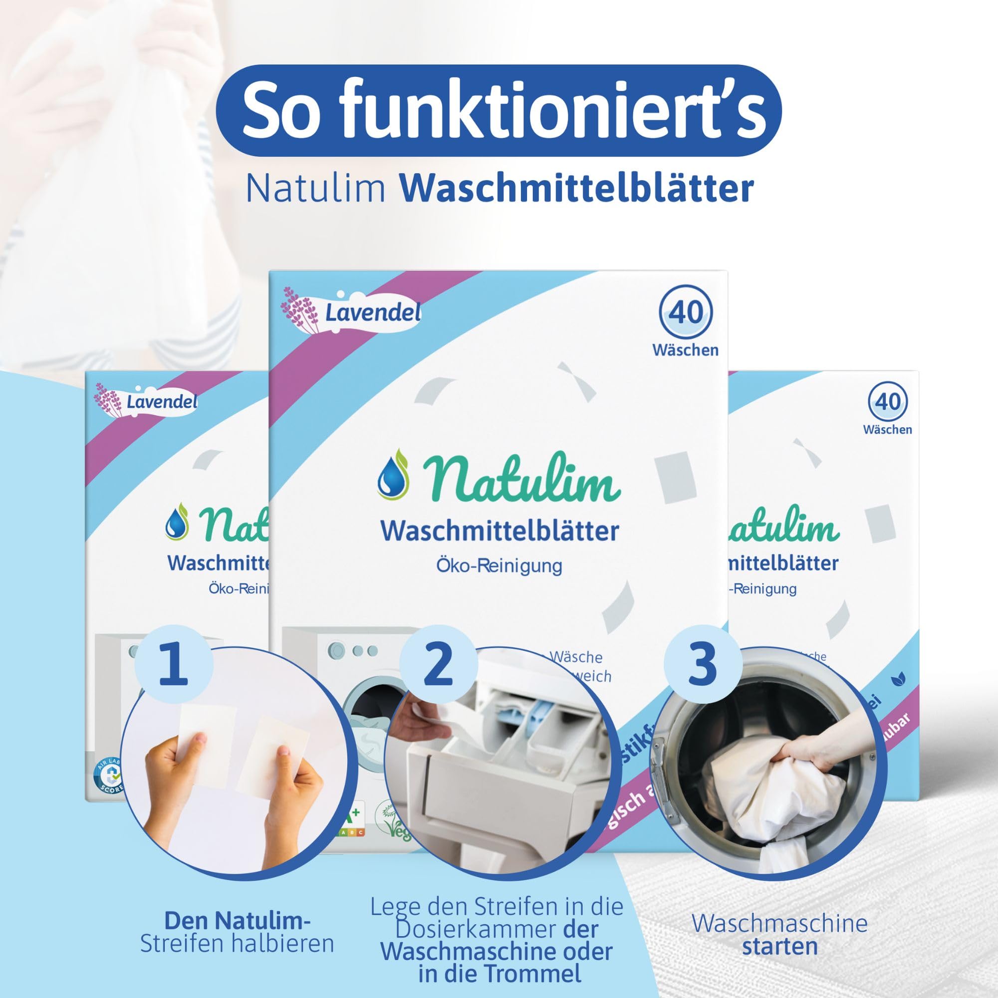 Natulim Waschmittel Blätter - Waschblätter für die Waschmaschine, Waschtücher für 40 Waschgänge - nachhaltige Waschstreifen ohne Plastik biologisch abbaubare Waschpapier Made in EU (Lavendel) 3