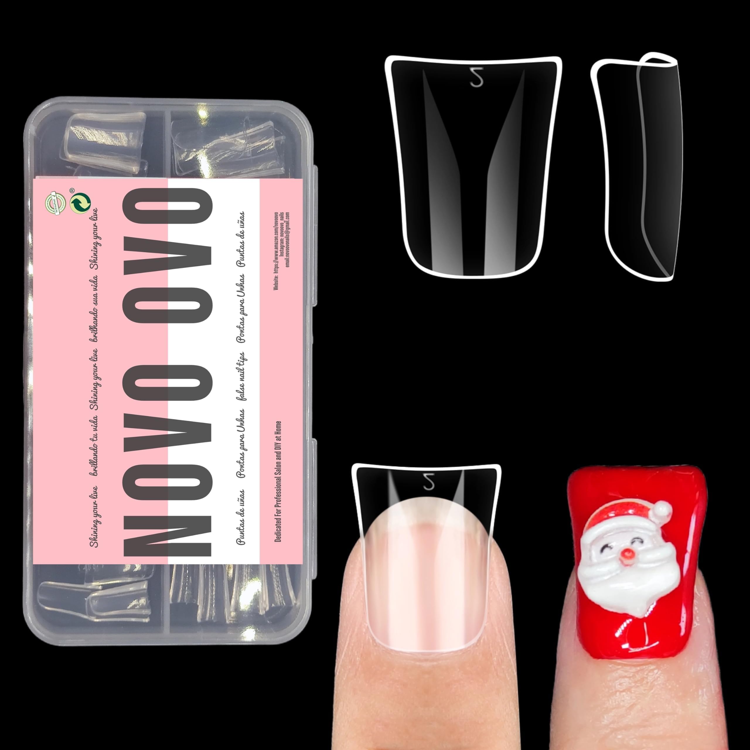 NOVO OVO Nail Tips, Extra Short Duck Feet Full Cover for Press On Acrylic, Clear Flare Y2K Full Coverage Wide Thick French Soft Gel Fake False Nail Extension x 12 Sizes in Box 120 pcs — image 1