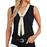 Rooscier Women's Colorblock V Neck Sleeveless Loose Fit Office Blouse Tank Top Shirt