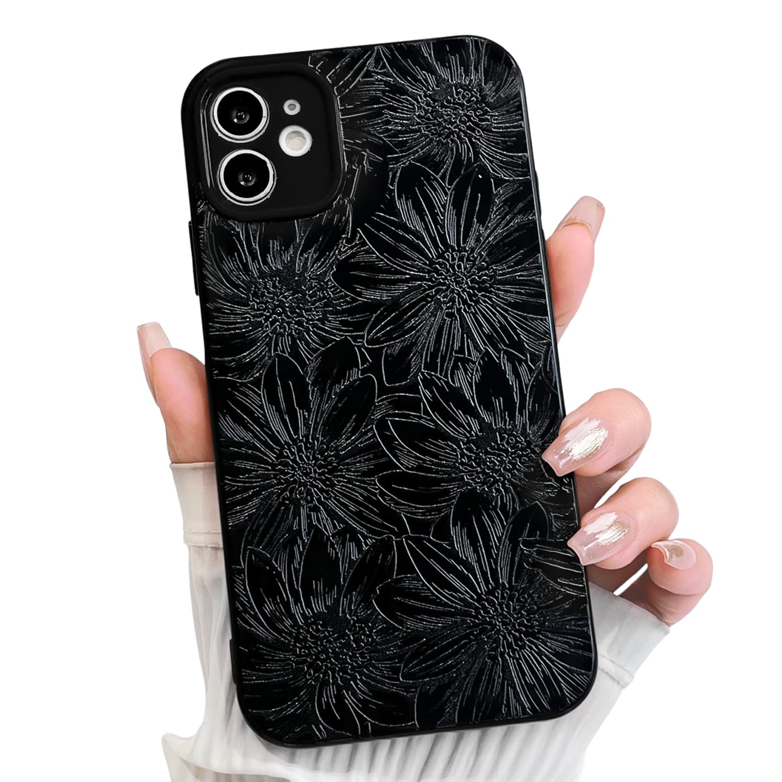 NITITOP Compatible with iPhone 12 Case Silicone Cute Flower Floral Sunflowers Pattern for Women Girl Trendy Slim Fit TPU Silicone Shockproof Full Camera Protection Cover - Black