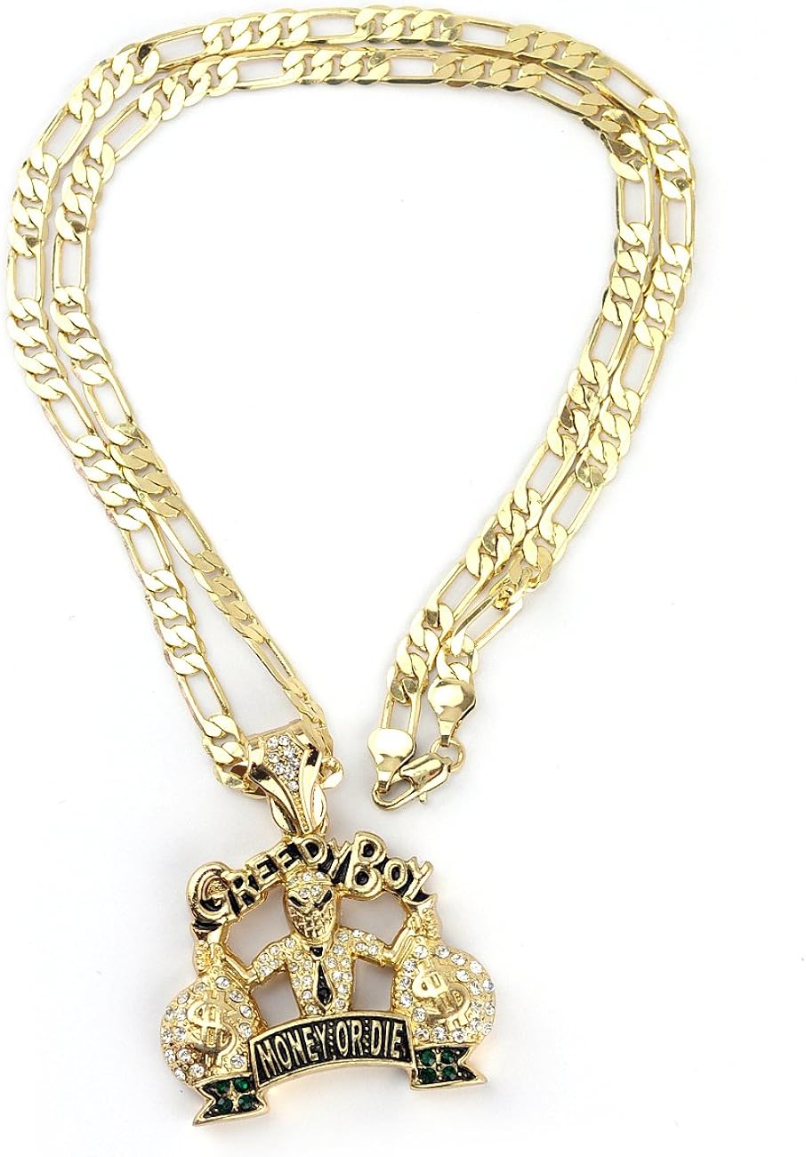 Iced Out Greedy Boy Money or Die Pendant w/ 61cm Figaro
