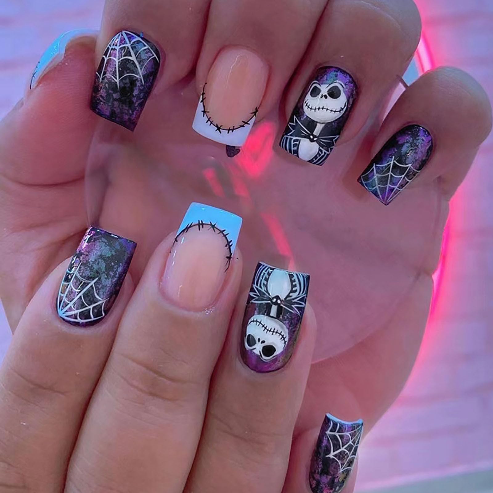Photo 1 of Halloween Press on Nails Medium Square SWEKKE French Fake Nails White Spider Web Full Cover Nightmare Nails Christmas Nails Glossy False Nails Artificial Acrylic Nails for Women Girls 24 Pcs