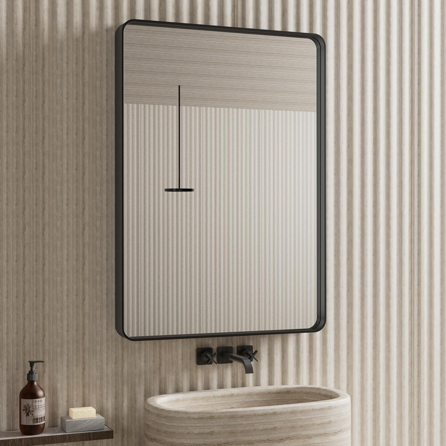 Mirrors - JISOSO Black Bathroom Mirror, 20 x 30 Inch Wall Mounted Vanity Mirror with Rounded Corner Metal Framed, Tempered Glass, Anti-Rust(Horizontal/Vertical)