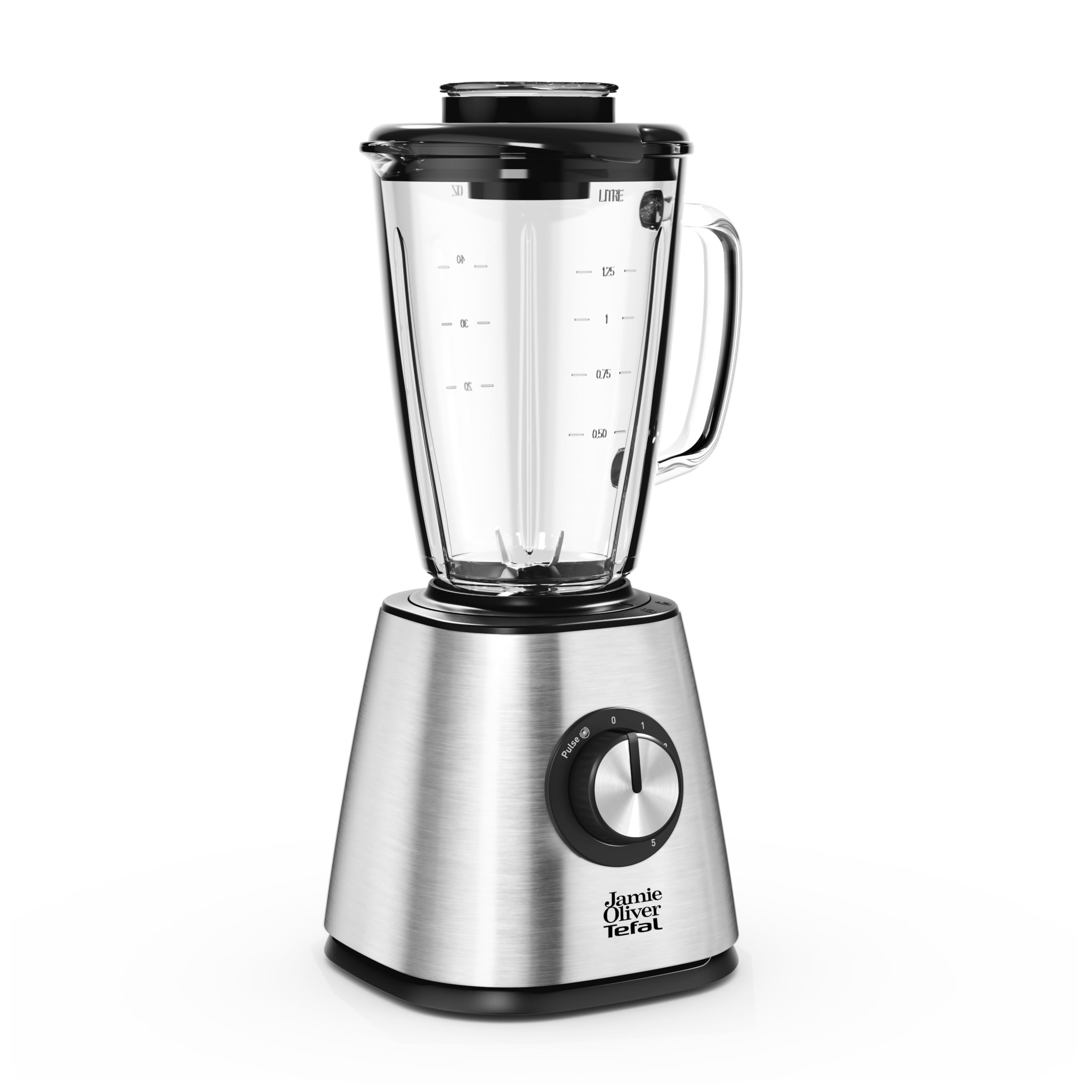 Jamie Oliver by Tefal Standmixer, benutzerfreundlich, 800 Watt Leistung, robuster Thermoglas-Behälter (1,25 L Nutzinhalt), Crushed-Ice-Funktion, 5 Geschwindigkeitsstufen, Mixer, Edelstahl, BL43J810 2