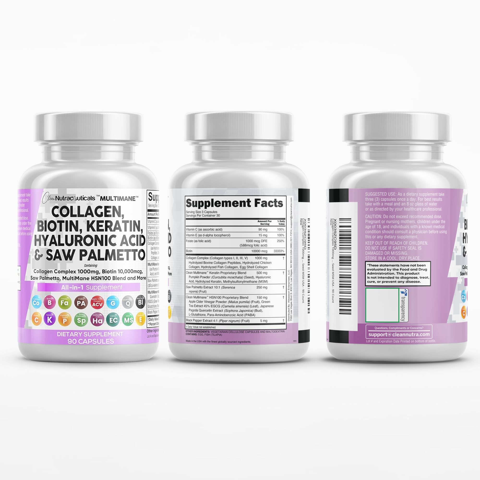 Clean Nutraceuticals Collagen Pills 1000mg Biotin 10000mcg Keratin Saw Palmetto Hyaluronic Acid - Hair Skin & Nails Vitamins & DHT Blocker with Vitamin E Folic Acid Pumpkin Seed MSM - 90 Count