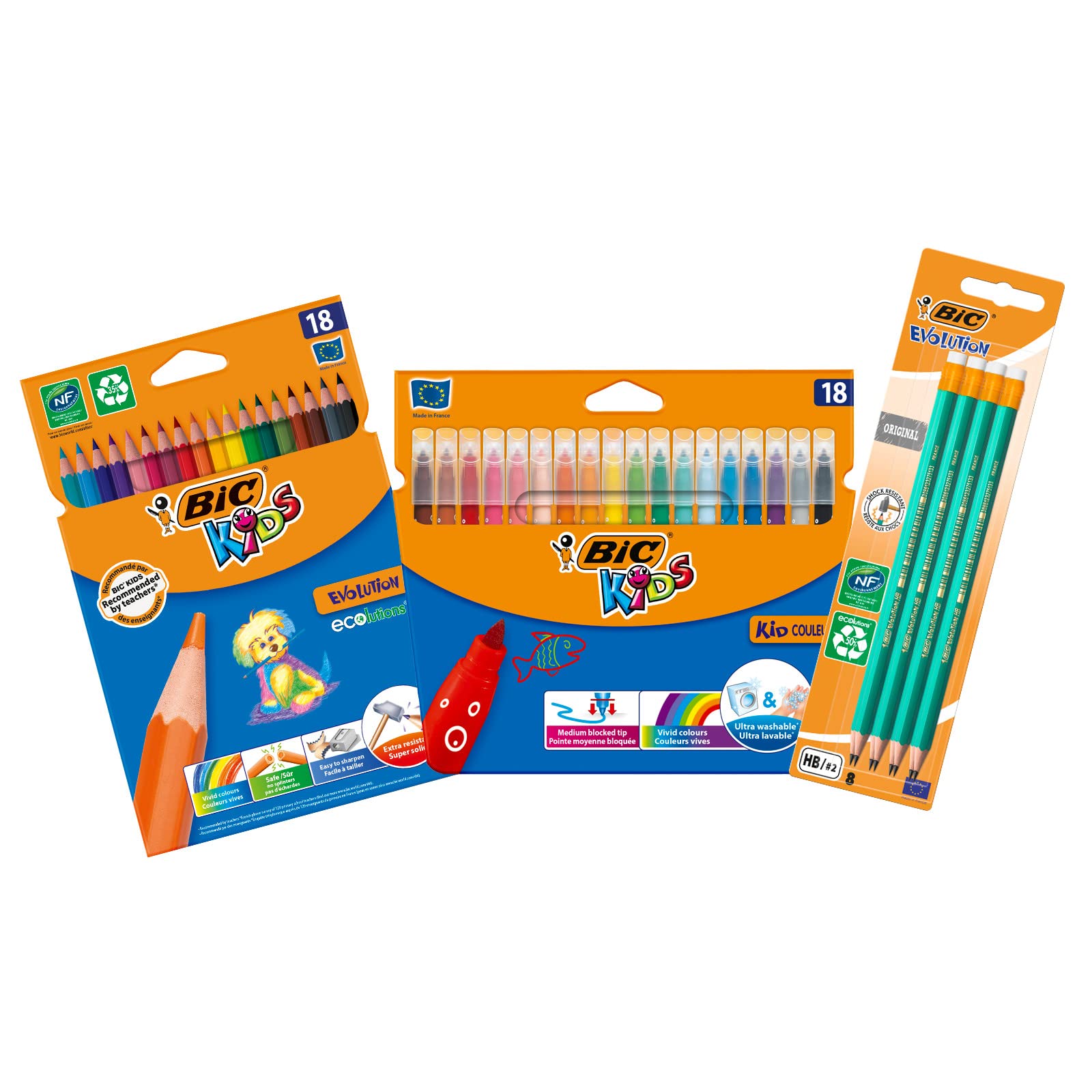 BIC Kit Rentrée des Classes - 18 Feutres de Coloriage/18 Crayons de Couleur/8 Crayons à Papier HB, Lot de 3