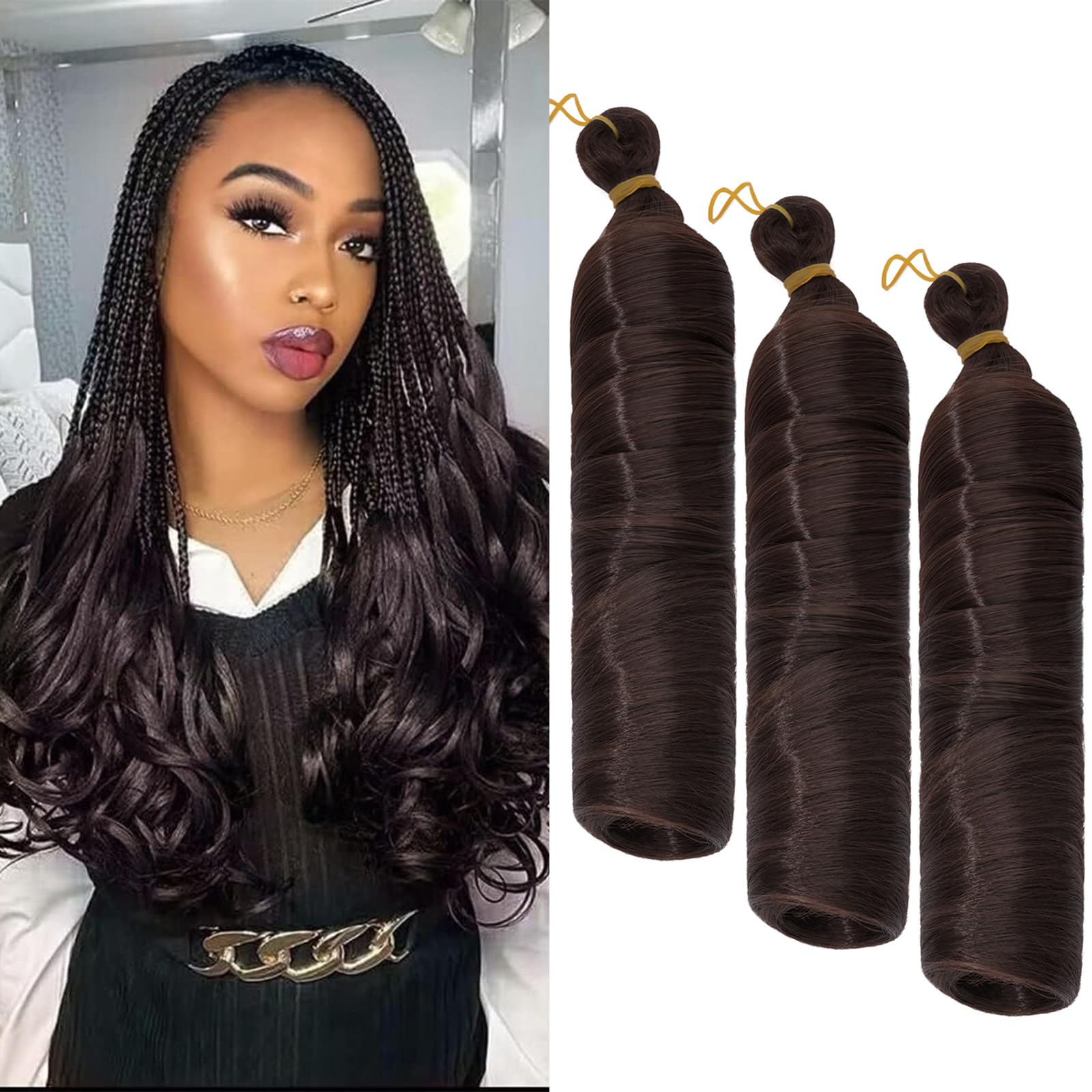 S-noilite French Curl Braiding Hair, 24 inch, 3 Pack, Loose Wavy Spiral Curly Crochet Hair, Deep Wave Synthetic Extensions, Medium Brown