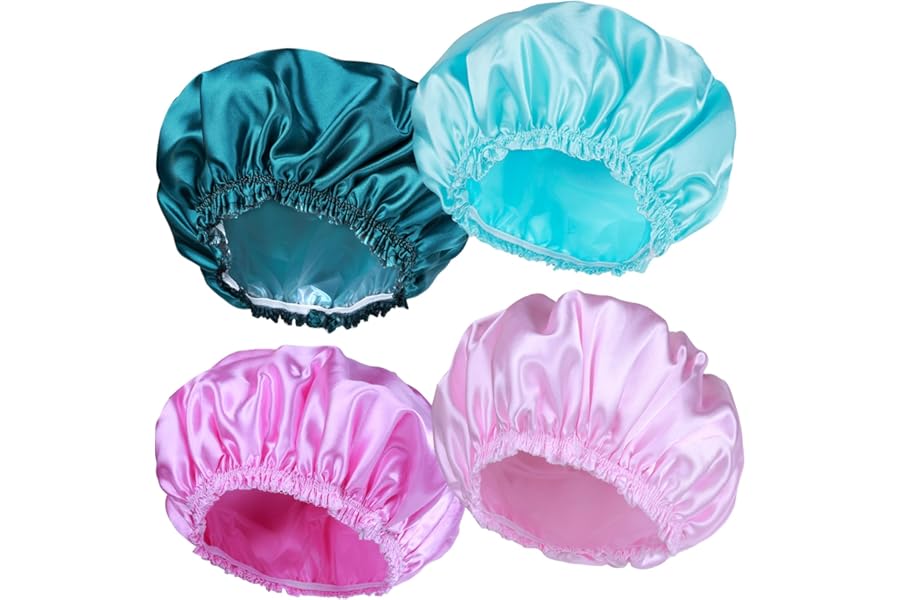 Shower Caps for Women, 4 PCS Elastic and Reusable Bath Caps, Double Waterproof Layers Shower Cap, Bathing Shower Caps, Environmental Protection Hair Bath Hat – Solid Color
