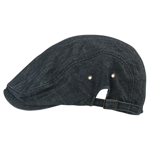 ililily Denim Cotton Newsboy Flat Cap with Strap Details on Both