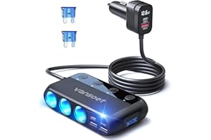 9 in 1 Cigarette Lighter Splitter, Vansoet 158W 3 Socket Car Charger Adapter with Dual PD30W and QC3.0 DC Cigarette Outlet Car Charger Independent Switches for LED Voltmeter, Plug Outlet 12V/24V