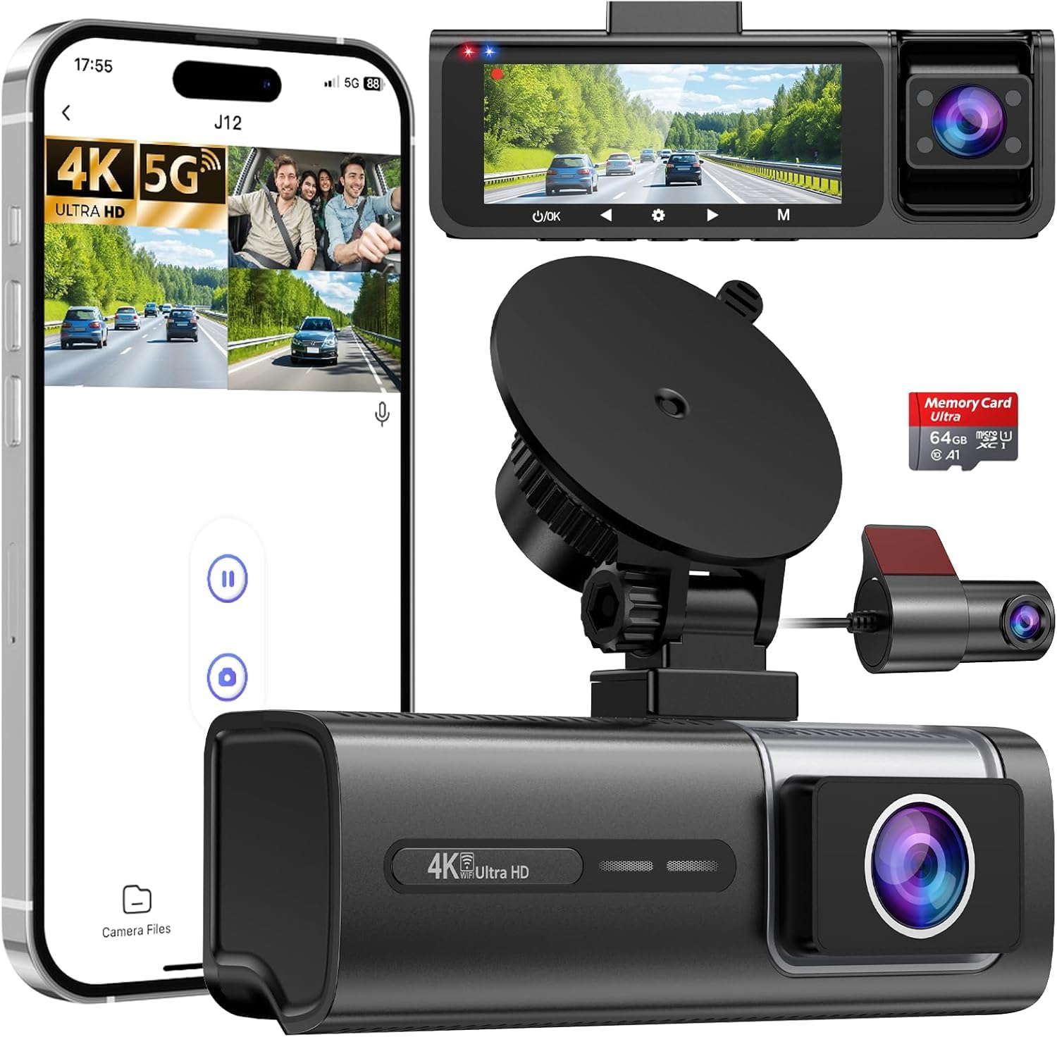 Photo 1 of 3 Channel 5G WiFi Dash Cam, 4K+1080P+1080P Dash Cam Front and Rear Inside with 64GB Card, 3.16” IPS Screen, G-Sensor, Loop Recording, Parking Monitor, 170° Wide Angle, IR Night Vision, WDR, Silver
