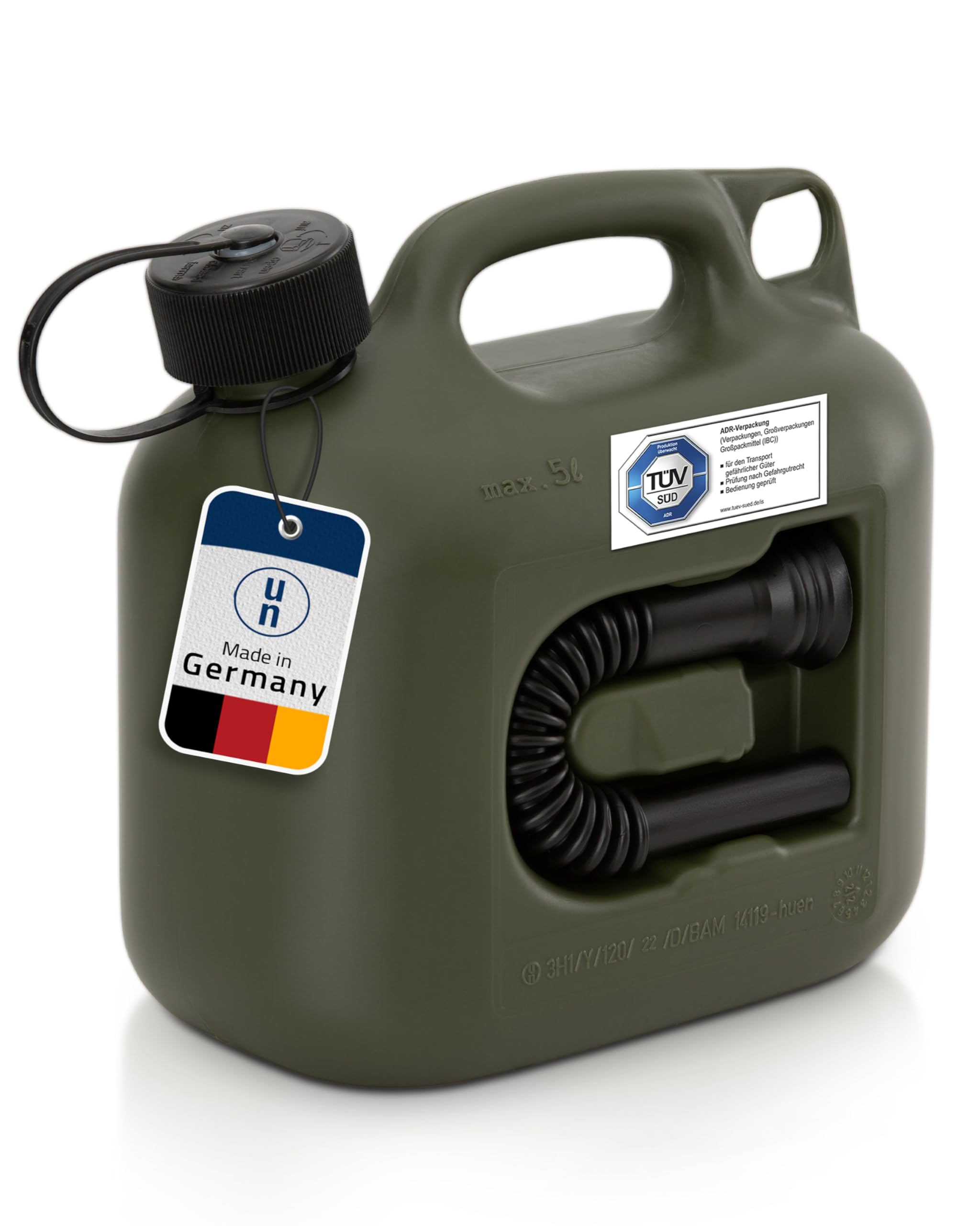 Hünersdorff Kraftstoff-Kanister Profi 5L für Benzin, Diesel und andere Gefahrgüter, UN-Zulassung, Made in Germany, TÜV-geprüfte Produktion, oliv