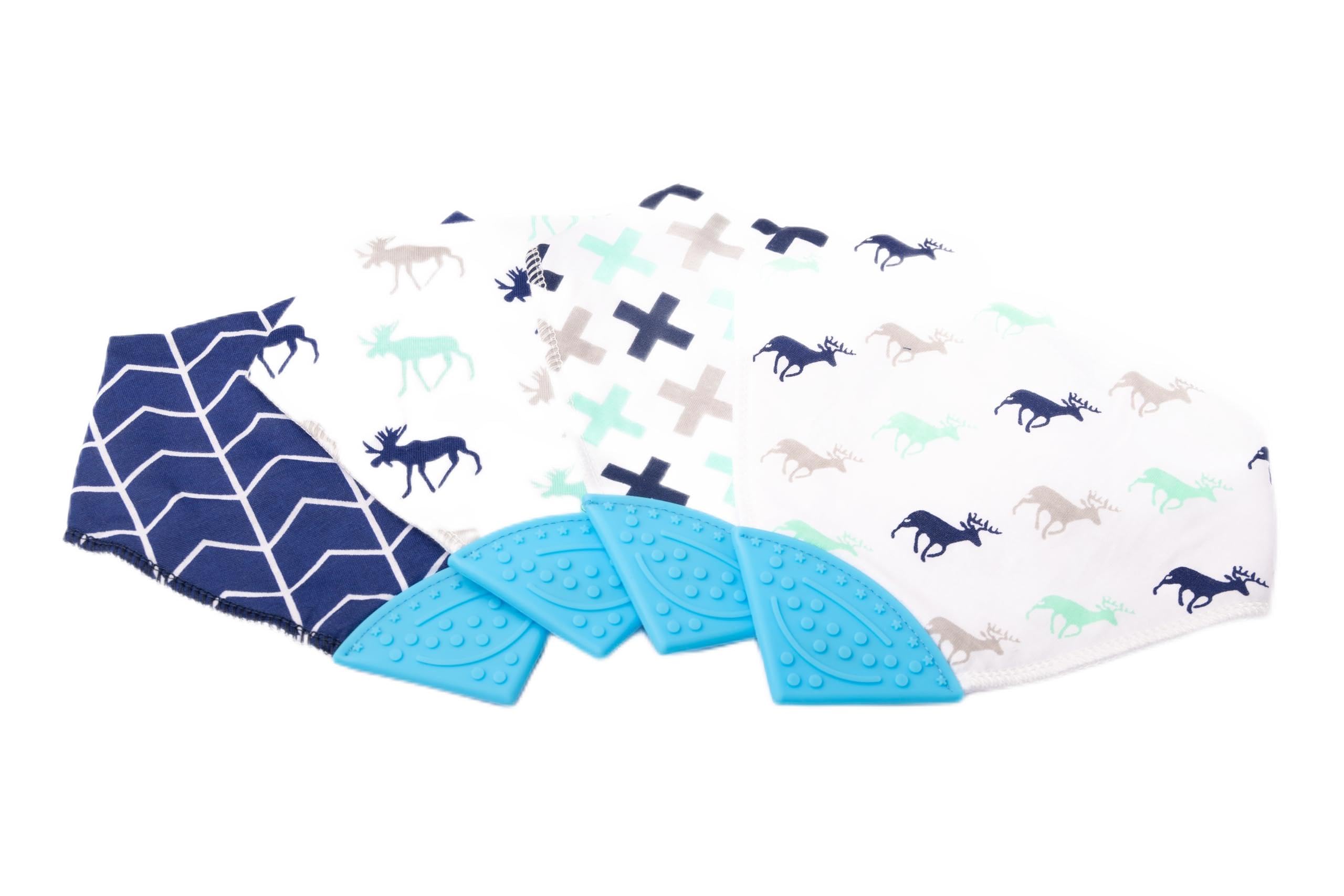 V&D HOME - Baby and Toddler Dribble Bib with Teether | 0-18 month Teething Bibs for Baby and Toddler | 100% BPA & Pthalate Free | Bandana bib with teether | 4 Pack (Multi Blue)