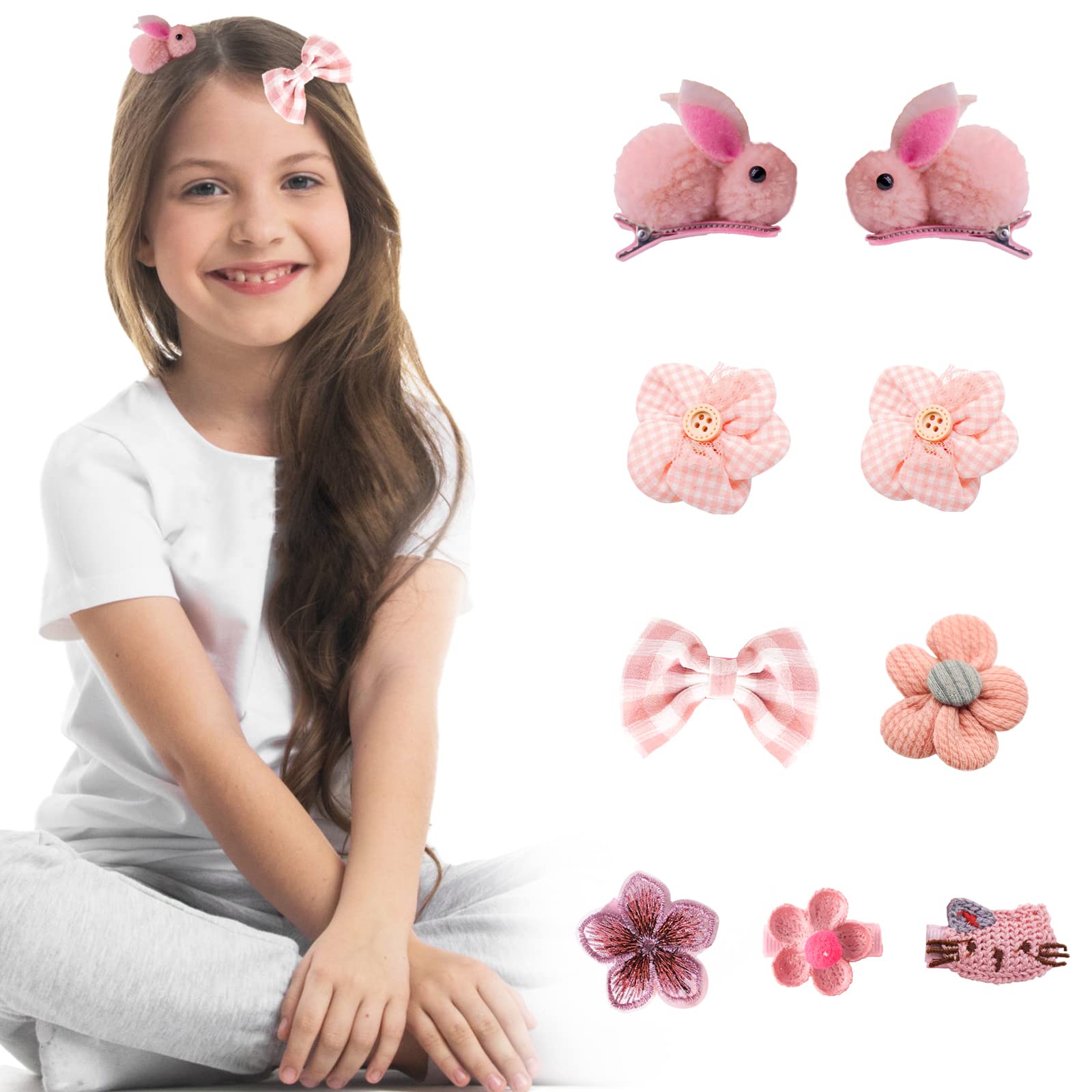 9 Pcs Hair Clips for Toddler Girls Pink Cute Rabbit Barrettes Flower Patterns Hair Accessories For Baby Girls Pretty Colorful Flower Hair Pins for Toddlers Kids Birthday Present For Children